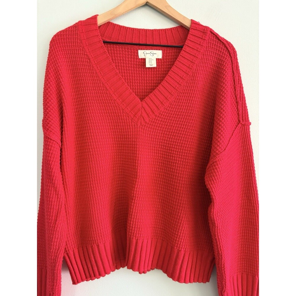 Jessica Simpson Waffle Knit Sweater Women Size XL Red Pullover V Neck Holidays